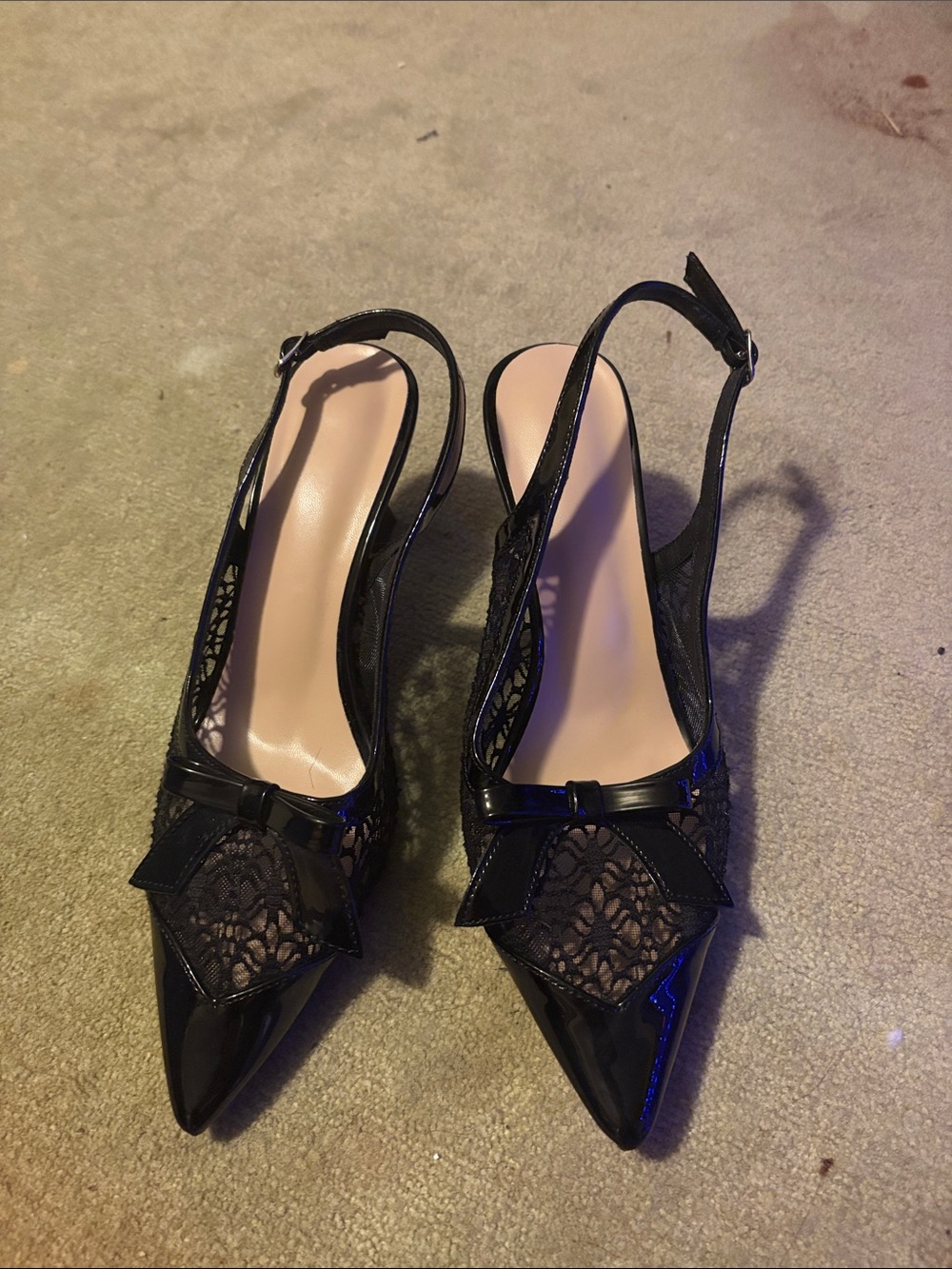 Black Lace & Patent Slingback Heels with Pointed Toe